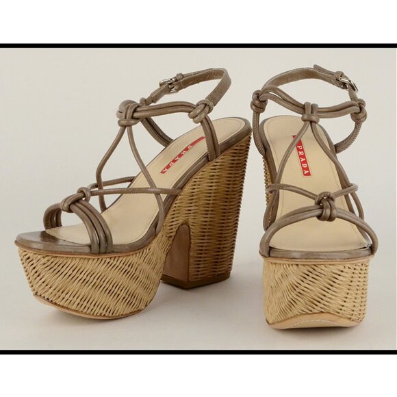 PRADA SHOES KNOTTED LEATHER WICKER WEDGE PLATFORM SANDALS sz 40 / 10 - Picture 9 of 13